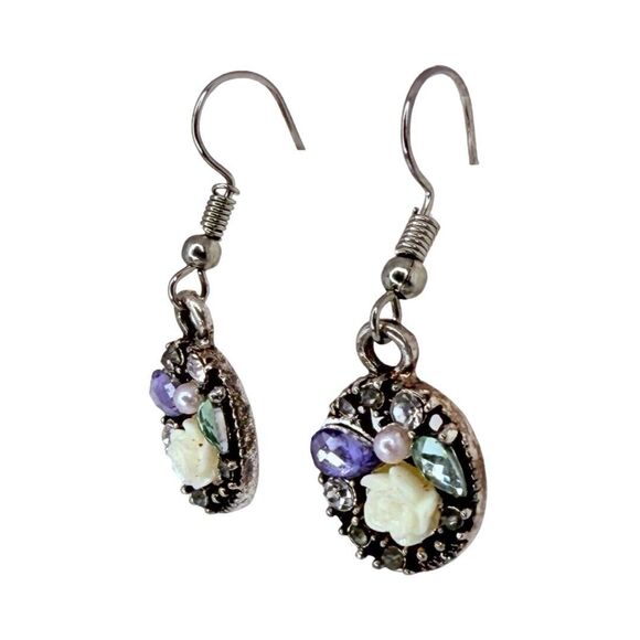 Silver Tone Rhinestone Flower Dangle Earrings 1" - Picture 3 of 10